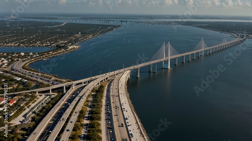 Aerial view of Sunshine Skyway Bridge over Tampa Bay in Florida with moving traffic