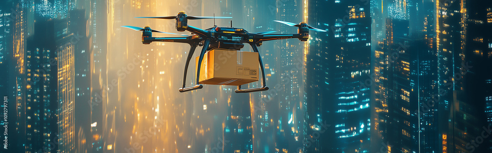 Logistics drone delivering a package with urban skyscrapers in the background under warm sunlight, highlighting modern drone technology and practical delivery applications. Logistics drone delivering a package with urban skyscrapers in the background under warm sunlight, highlighting modern drone technology and practical delivery applications.