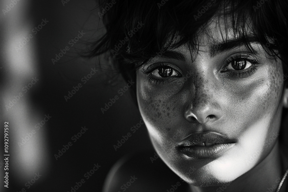 Black and white closeup movie of a woman in a darkened room grainy noir made with generative AI