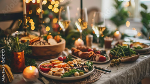 A peaceful holiday dinner with a vegan menu, the table adorned with natural decorations, and everyone enjoying plant-based dishes in a calm and cozy setting