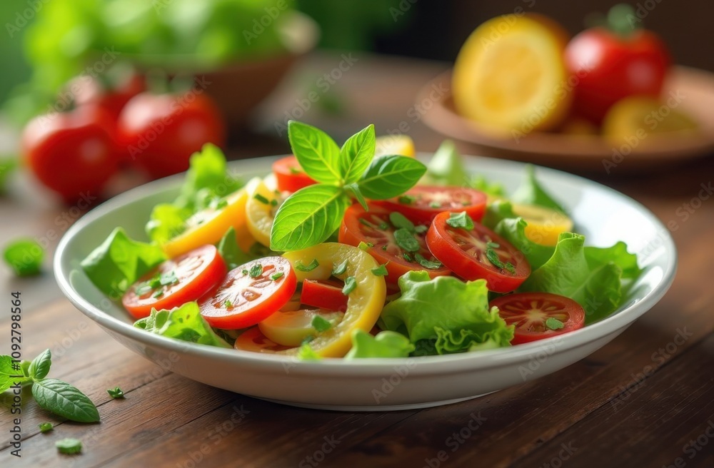 Fresh summer salad with tomatoes and bell peppers on a rustic wooden table Fresh summer salad with tomatoes and bell peppers on a rustic wooden table