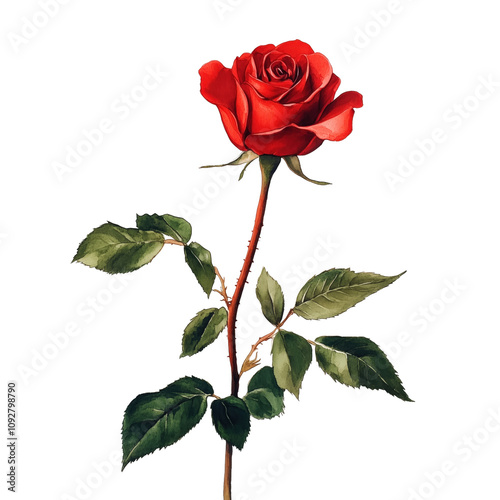 A vibrant watercolor painting of a single red rose with delicate green leaves.