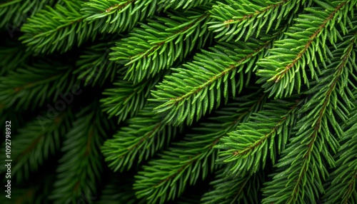 Lush green pine branches overlap, showcasing rich textures and vibrant hues in nature