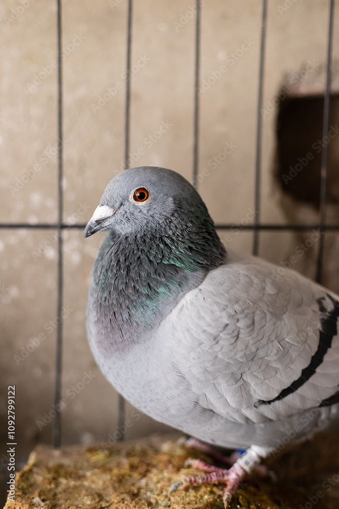 Fototapeta premium Pigeon animals curled up in iron cages in winter