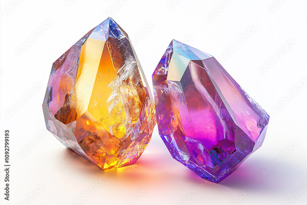 Realistic faceted crystal gem with prism effect and rainbow reflections, isolated on a white background. High-quality 3D gemstone design, ideal for jewelry, luxury, and decorative concepts. Realistic faceted crystal gem with prism effect and rainbow reflections, isolated on a white background. High-quality 3D gemstone design, ideal for jewelry, luxury, and decorative concepts.