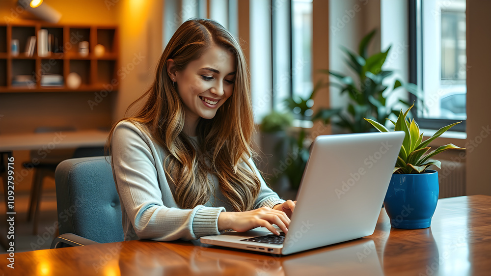 Businesswoman working on laptop, Work from home, , Digital Marketing, Smiling Young Woman Working on Laptop in a Modern Office Businesswoman working on laptop, Work from home, , Digital Marketing, Smiling Young Woman Working on Laptop in a Modern Office