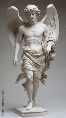 Explore the majestic full body statue of a male flying angel in fine detail