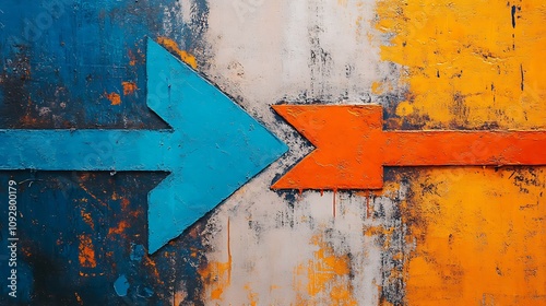 Blue and Orange Arrows Pointing in Opposite Directions on a Weathered Wall. AI Generated photo