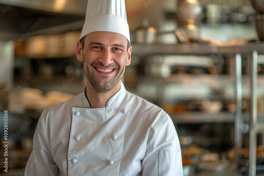 Happy restaurant chef posing in the kitchen. space for text Happy restaurant chef posing in the kitchen. space for text