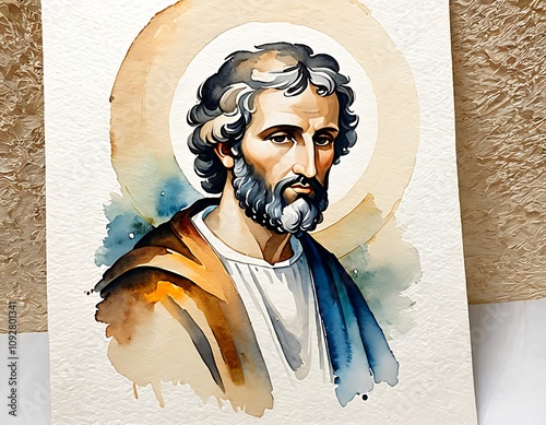 Watercolour Painting of Saint Luke. Bliblical illustration Watercolour 