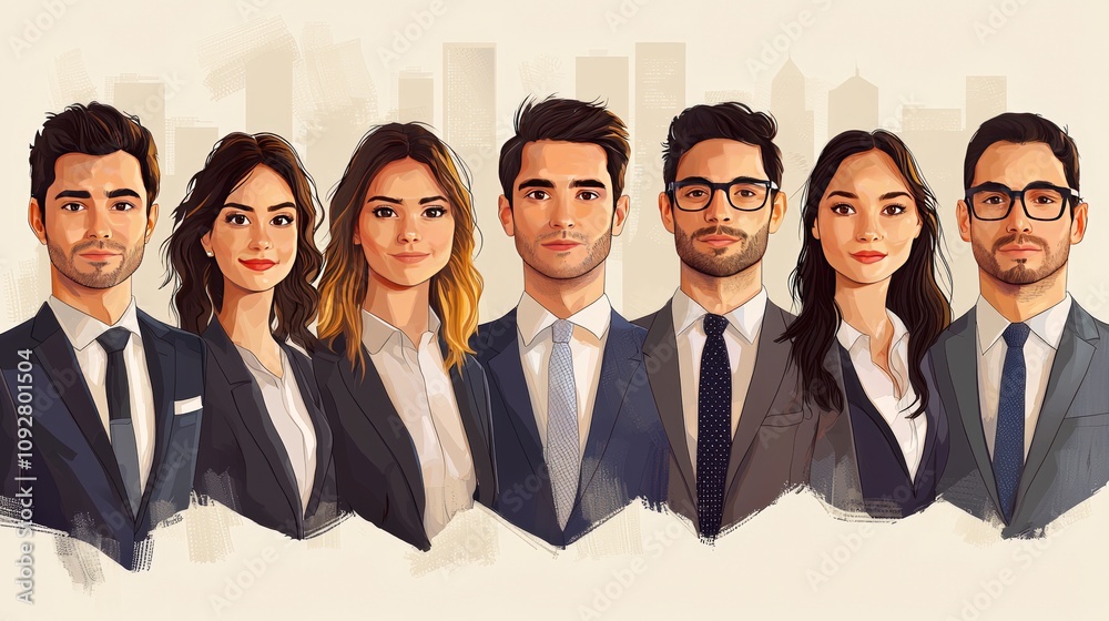 This image represents a confident group of business professionals, dressed in modern formal attire, standing together to symbolize unity and strength in the corporate world. This image represents a confident group of business professionals, dressed in modern formal attire, standing together to symbolize unity and strength in the corporate world.