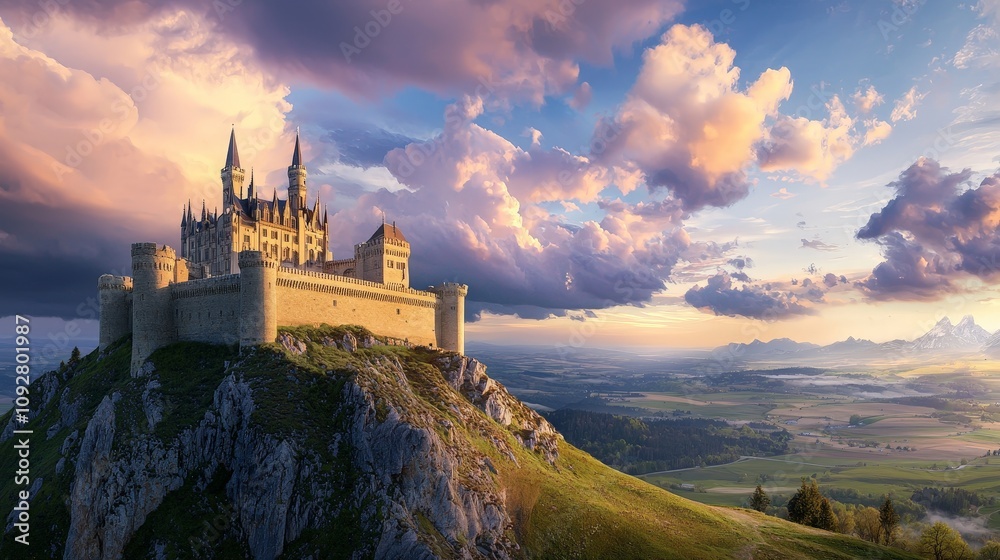 Expansive Panorama of a Historic Castle Perched on a Hilltop Surrounded by Rolling Landscapes and Breathtaking Skies at Sunset