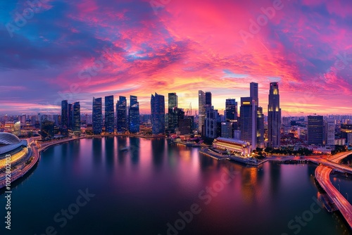 Expansive Panorama View of a Modern Cityscape at Dawn Capturing Vivid Colors and Reflection Over Water with Architectural Marvels Under Evolving Sky