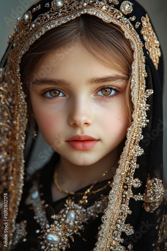 A young girl wearing a black and gold headdress photo