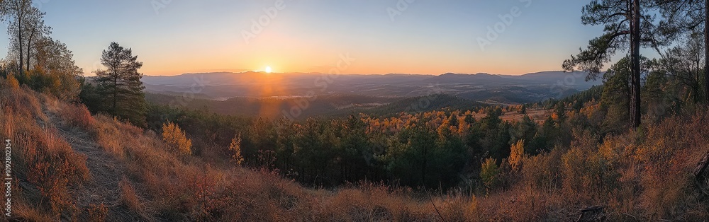 Fototapeta premium Scenic Autumn Forest View at Sunset with Mountain Range