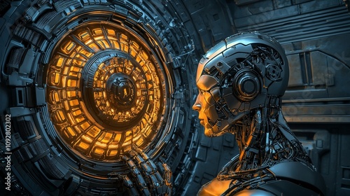 A Stunning Futuristic Digital Painting of a Robot Interacting with a Mechanical Interface in a Sci-Fi Setting, Capturing Advanced Technology and Innovation photo