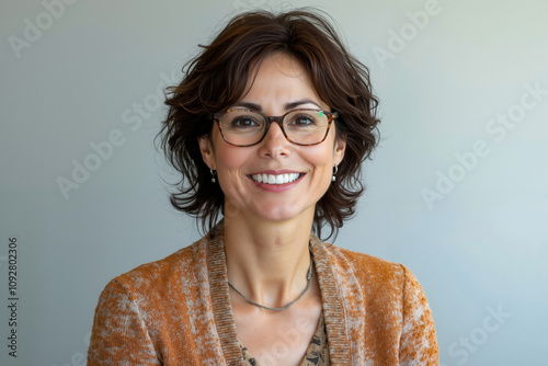 A woman wearing glasses smiles at the camera