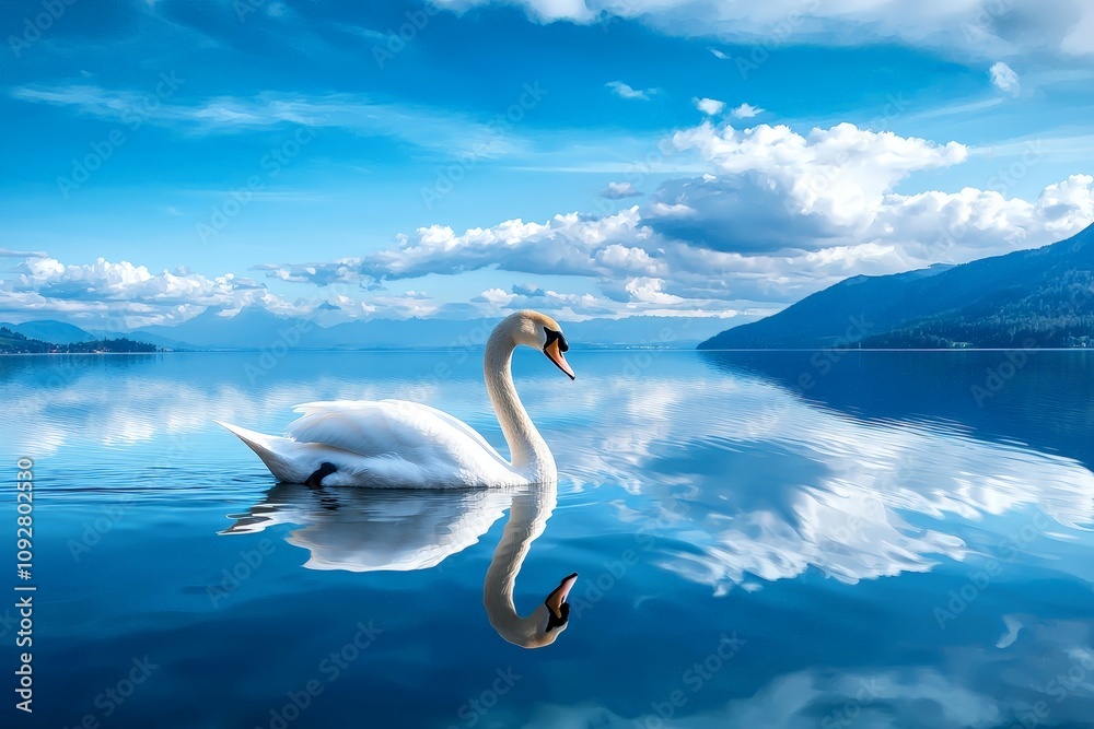 Fototapeta premium Graceful White Swan Gliding Across Serene Lake Under Clear Blue Sky with Reflections of Clouds and Mountains in the Tranquil Water