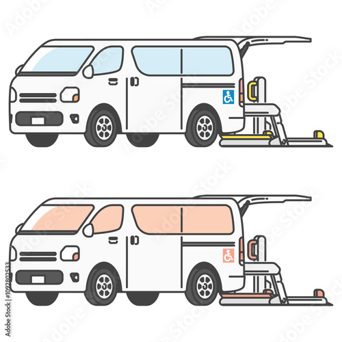 車椅子用リフト付きの介護タクシー・バンのイラスト(フルカラー・単色モノカラーのセット)