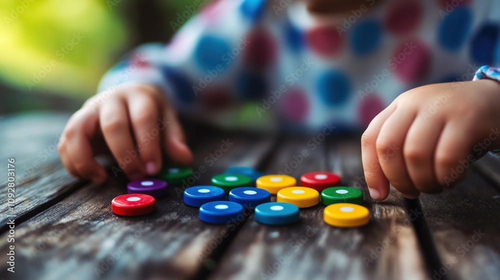 A child's hands play with colorful tokens on a wooden table, evoking creativity and joy in a vibrant outdoor setting. A child's hands play with colorful tokens on a wooden table, evoking creativity and joy in a vibrant outdoor setting.