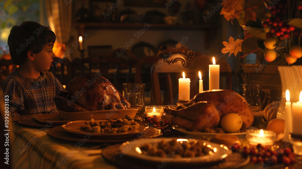 A solo Thanksgiving meal, one family member sitting at a table with a simple, heartfelt spread, candlelight and warm autumn tones, peaceful and introspective tone