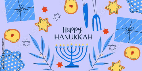 Hanukkah background for holiday. Candle, star and gift for happy hannukah. Vector illustration background