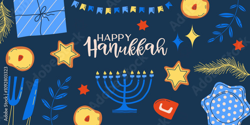Hanukkah background for holiday. Candle, star and gift for happy hannukah. Vector illustration background