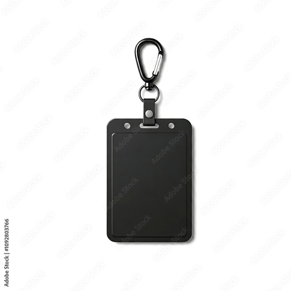 Fototapeta premium Blank black id card holder with metal hook isolated on white background 