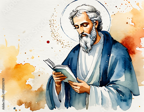 Watercolour Painting of Saint Luke. Bliblical illustration Watercolour 