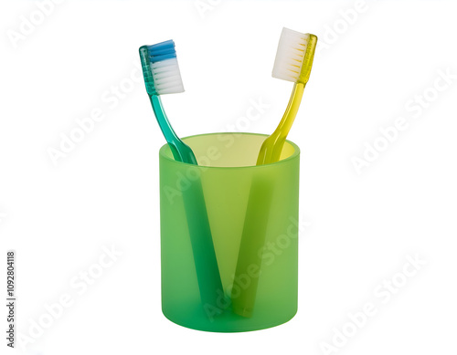 Brightly colored toothbrushes in a glass holder on a white background, representing daily dental hygiene and freshness.