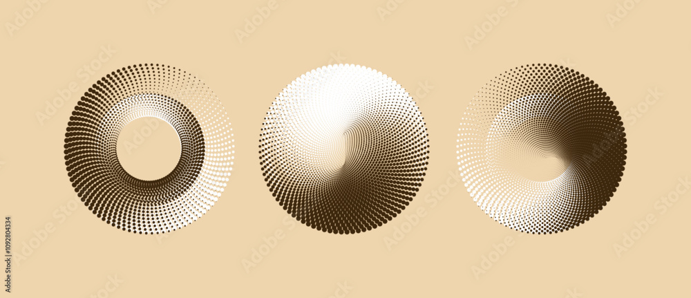 Fototapeta premium Abstract vector illustration: concentric halftone circles in fuzzy peach, minimalistic dotted ring pattern.