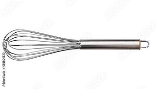 A stainless steel whisk rests on a reflective surface, showcasing its modern design. Ideal for beating, mixing, and blending in the kitchen. Perfect for cooking and baking enthusiasts.