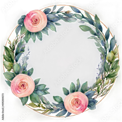 A decorative floral wreath design featuring roses and greenery for special oc...