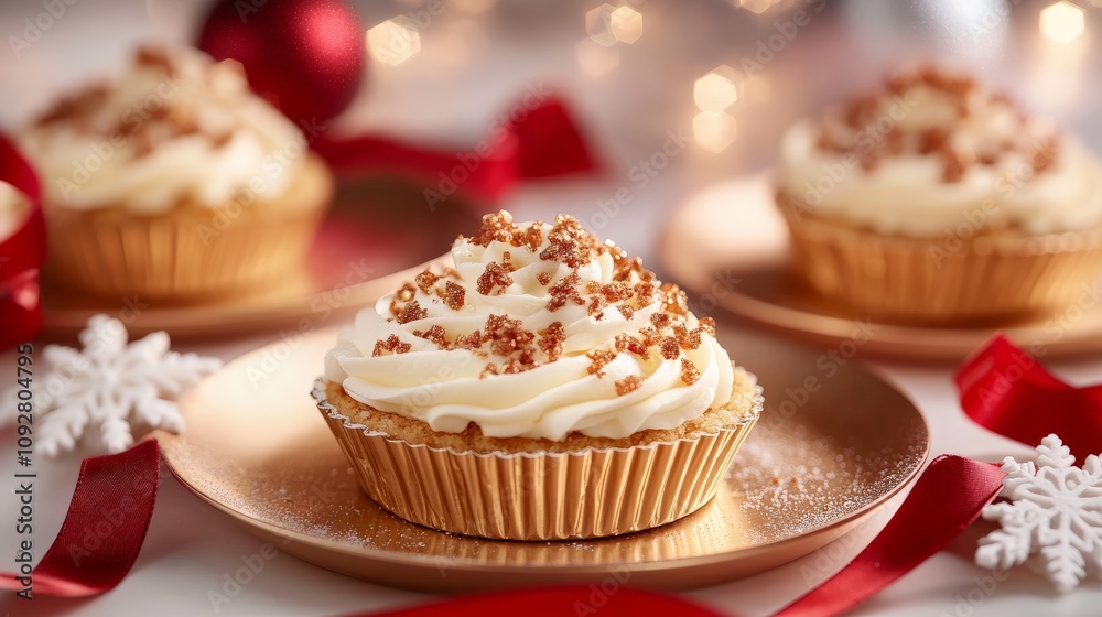 Festive cupcakes with white icing and sprinkles on golden plates Festive cupcakes with white icing and sprinkles on golden plates