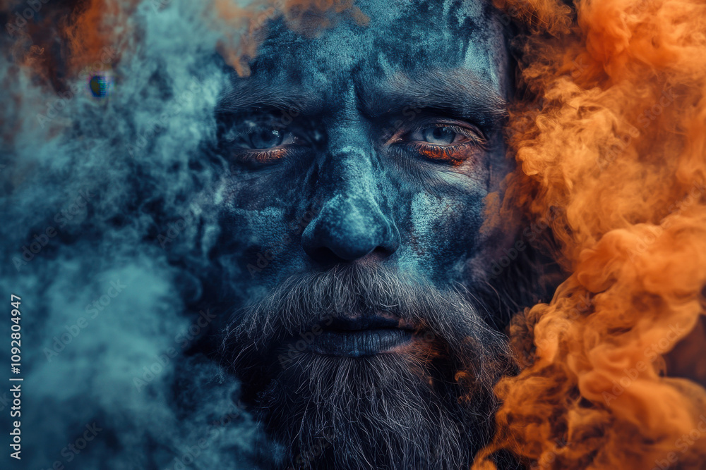Obraz premium Portrait of an older Caucasian man with a blue-painted face surrounded by swirling orange and blue smoke, creating a mystical and surreal atmosphere.