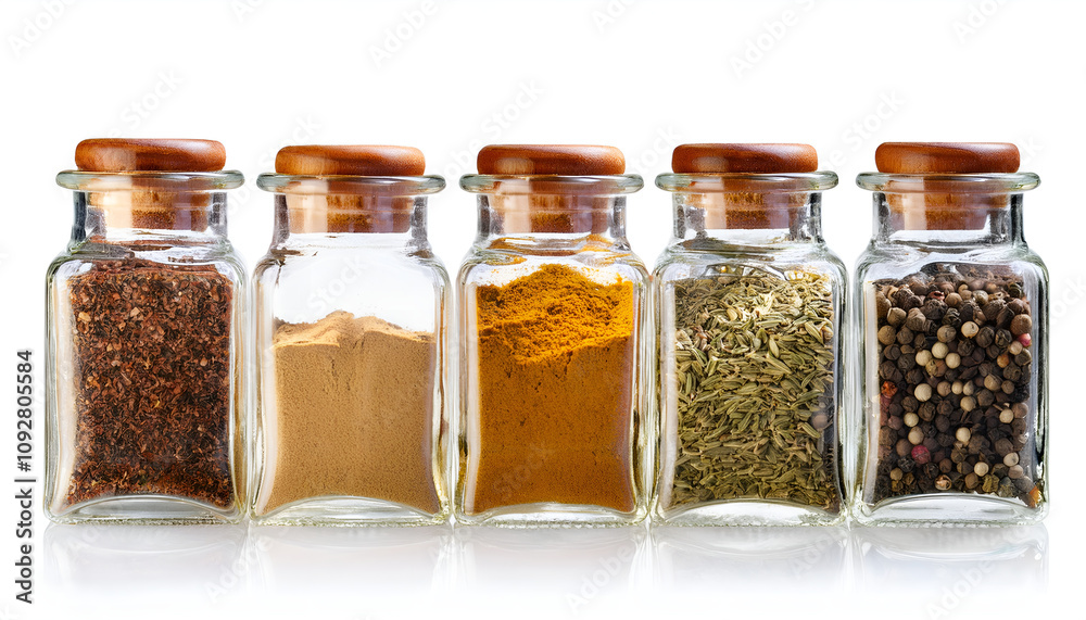 Class jars containing dried herbs, curry powder, and mixed peppercorns, arranged side by side on a reflective surface. Ideal for cooking, kitchen, and culinary themes. Class jars containing dried herbs, curry powder, and mixed peppercorns, arranged side by side on a reflective surface. Ideal for cooking, kitchen, and culinary themes.