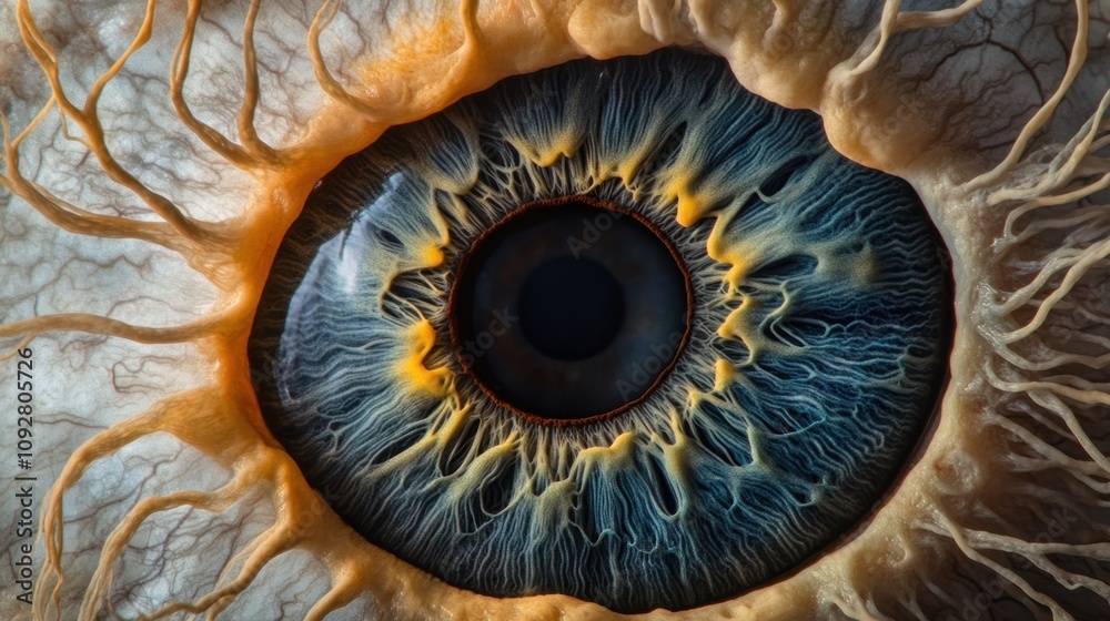 Obraz premium A close-up of a detailed human eye showcasing intricate patterns and colors.