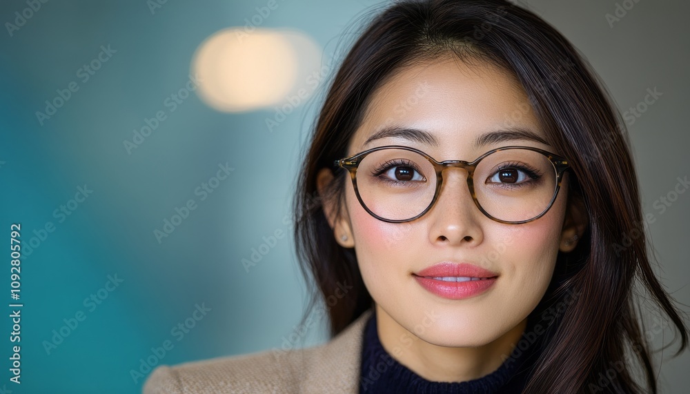 Young woman with glasses smiles warmly, showcasing a stylish and modern look Young woman with glasses smiles warmly, showcasing a stylish and modern look
