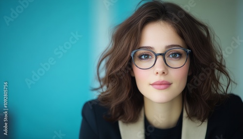 A young woman with curly hair and stylish glasses sits confidently against a blue backdrop