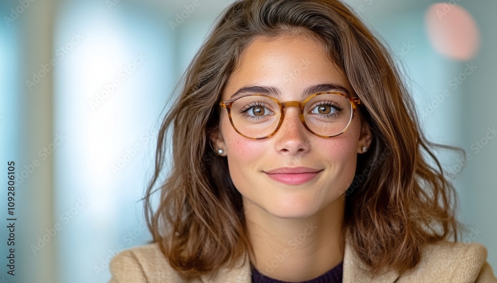 Obraz premium A confident young woman with glasses showcases her warm smile in a bright office