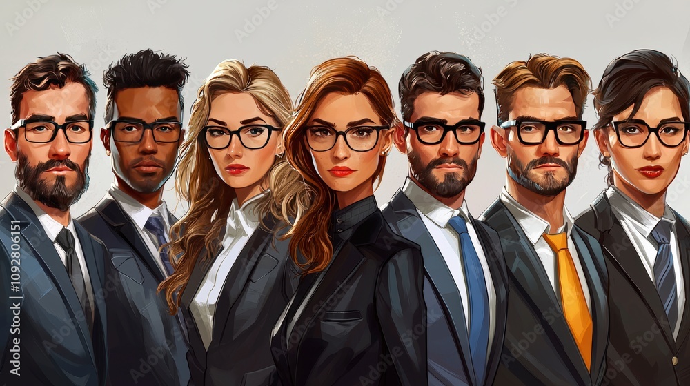 A group of professionals gathered together, showcasing diversity and unity in their formal attire, all wearing glasses, reflecting modern corporate dynamics. A group of professionals gathered together, showcasing diversity and unity in their formal attire, all wearing glasses, reflecting modern corporate dynamics.