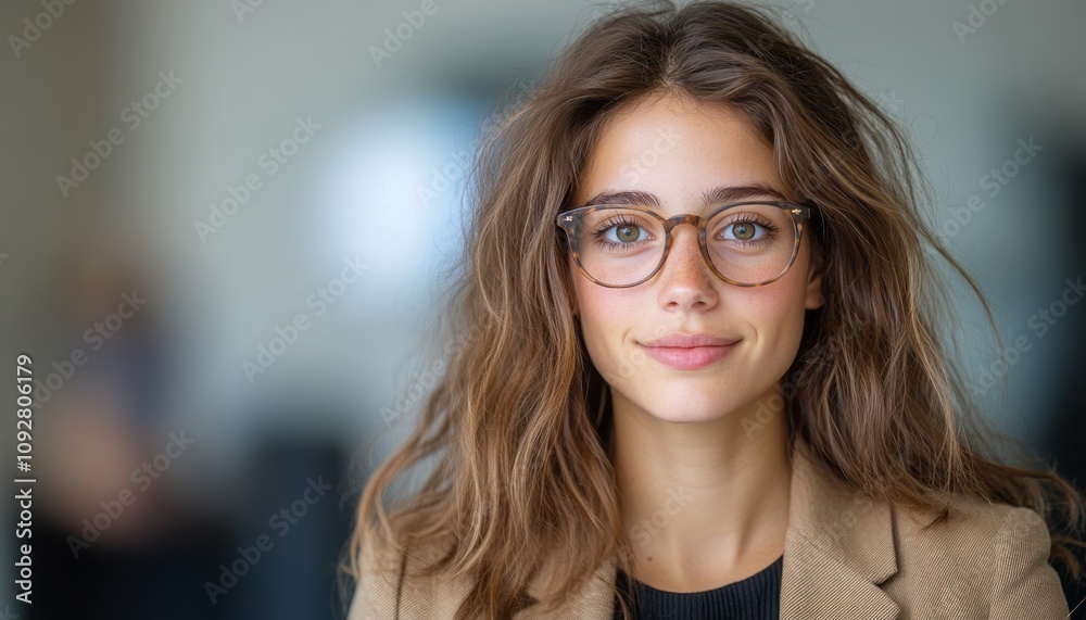 A young woman with long, wavy hair and glasses smiles warmly in a modern indoor environment A young woman with long, wavy hair and glasses smiles warmly in a modern indoor environment
