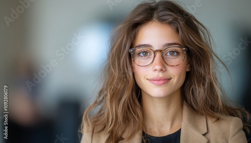 A young woman with long, wavy hair and glasses smiles warmly in a modern indoor environment