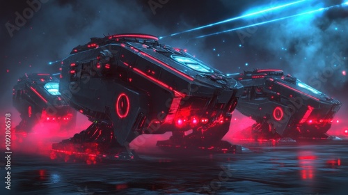 Three futuristic armored vehicles stand illuminated by neon lights in a foggy, dark environment.