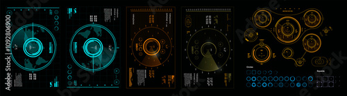 Vector set aerial targets, sights and devices for geolocation, detection objects and their destruction. Digital vector set of sights and target scanning. Futuristic UIHUD kit.  Set elements with radar