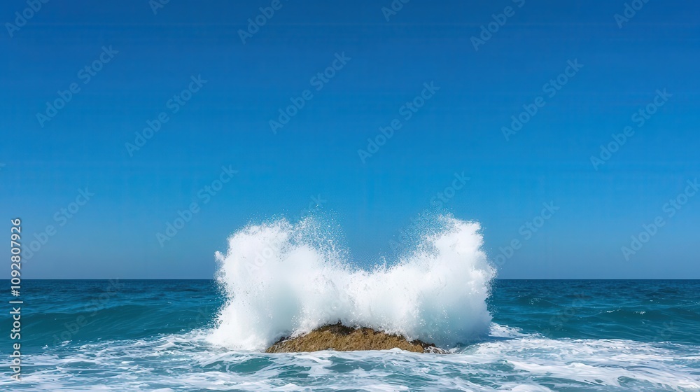 Fototapeta premium Energetic splash of ocean waves against a small island, island wave energy, wild water motion