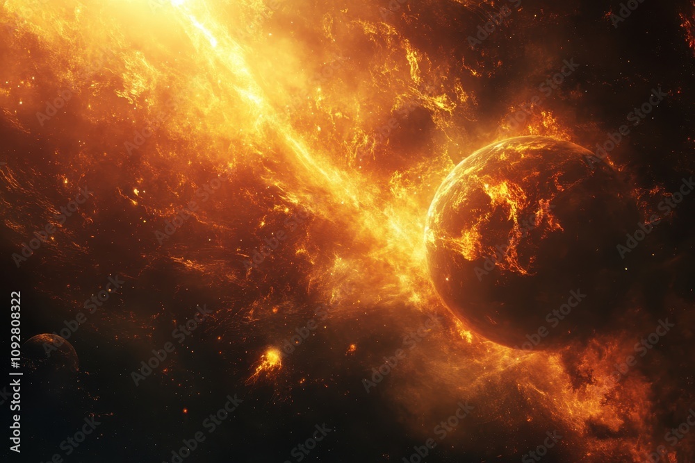 Fiery cosmic explosion with a planet illuminated by bright orange flames in space Fiery cosmic explosion with a planet illuminated by bright orange flames in space