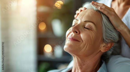 A woman in a wellness center, receiving a soothing massage as part of her menopause wellness routine, the mood tranquil and comforting photo