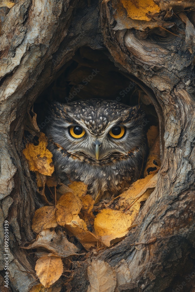 An owl sits quietly inside a hollow tree, its bright eyes staring out among the fallen yellow and orange leaves scattered around the entrance