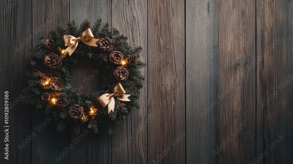A festive wreath adorned with bows and lights, resting against a rustic wooden background, perfect for holiday decorations. A festive wreath adorned with bows and lights, resting against a rustic wooden background, perfect for holiday decorations.